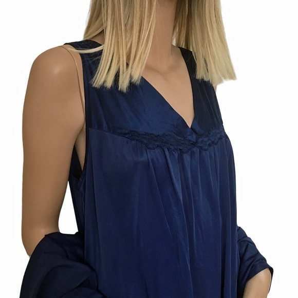 Vintage Vanity Fair Peignoir Set Lingerie Nightgown Robe Navy Sleep Embroidery - Picture 6 of 16